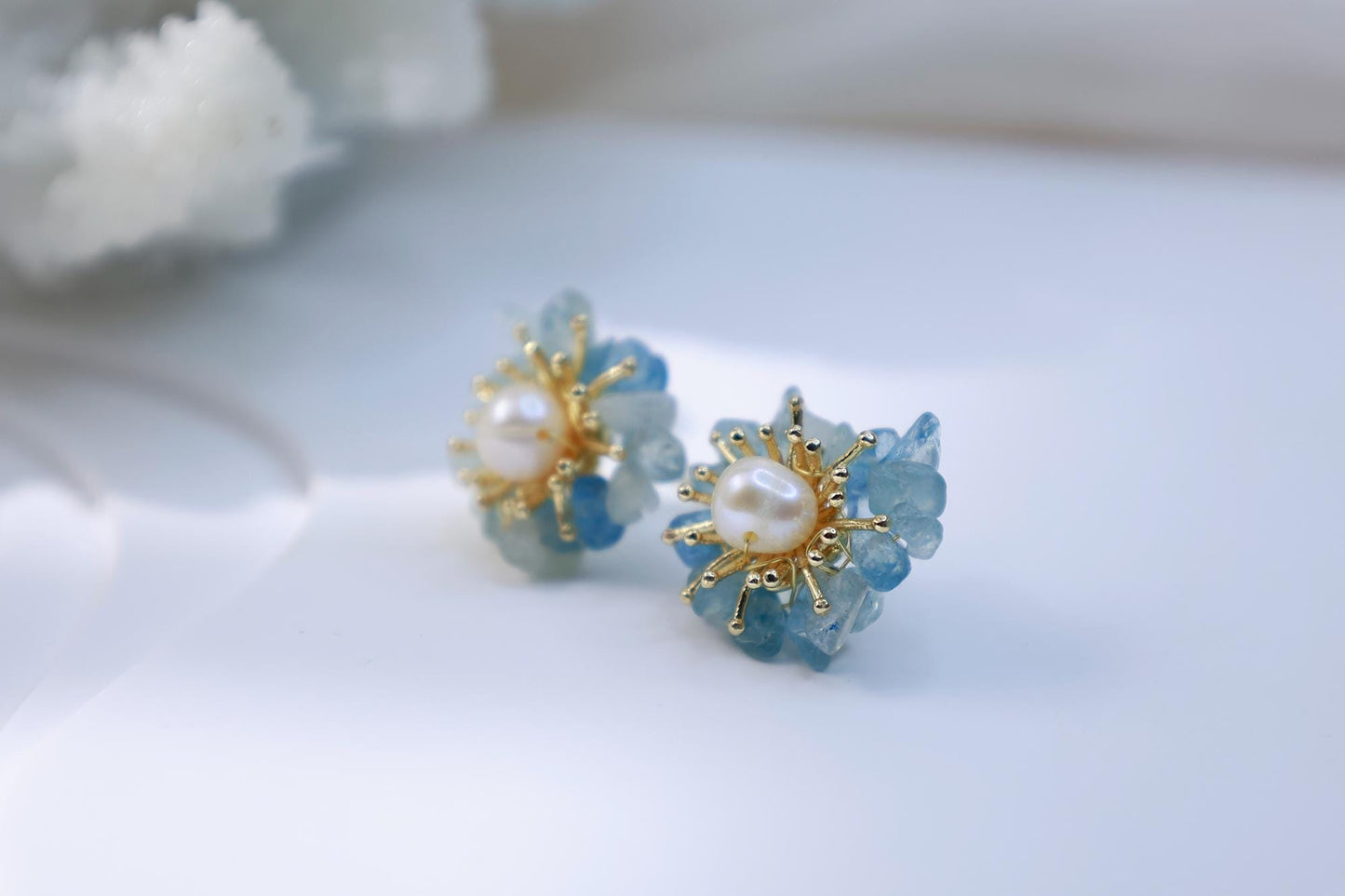Aquamarine & Pearl Miniature Flower Studs