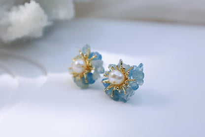 Aquamarine & Pearl Miniature Flower Studs