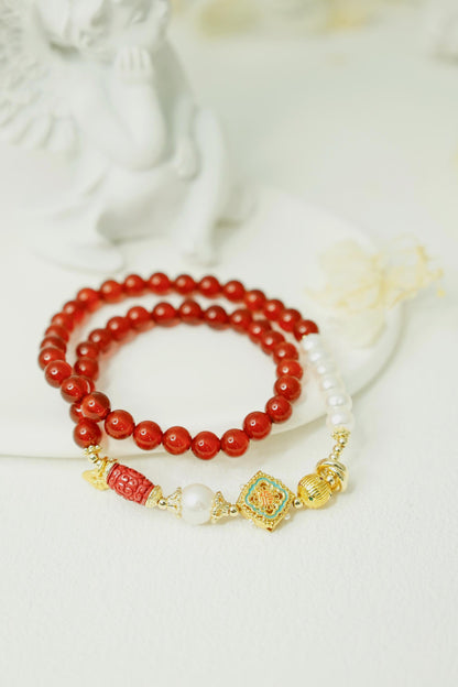 Red Agate & Pearl Buddha Bracelet