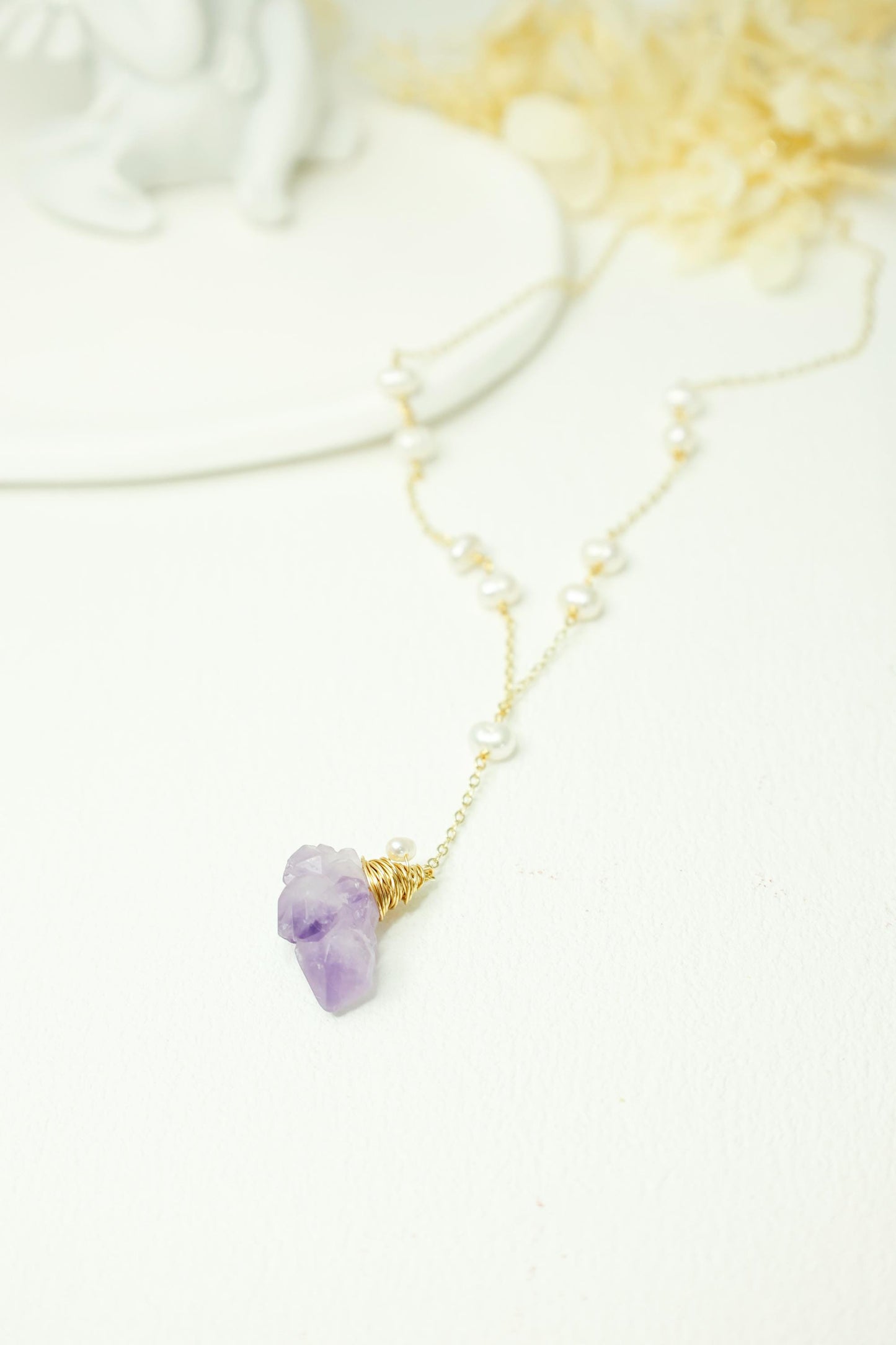 Raw Amethyst & Pearl Wire Wrapped Necklace