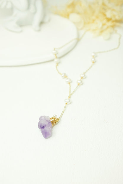 Raw Amethyst & Pearl Wire Wrapped Necklace