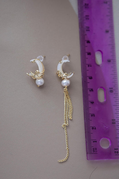 Asymmetrical Pearl & Shell Moon Dangles