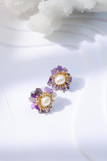 Amethyst & Pearl Miniature Flower Studs