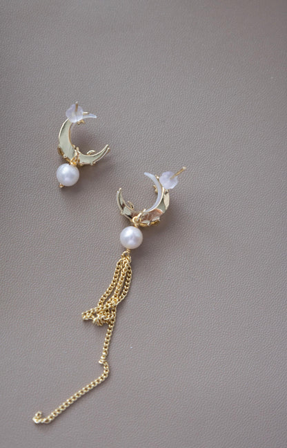 Asymmetrical Pearl & Shell Moon Dangles
