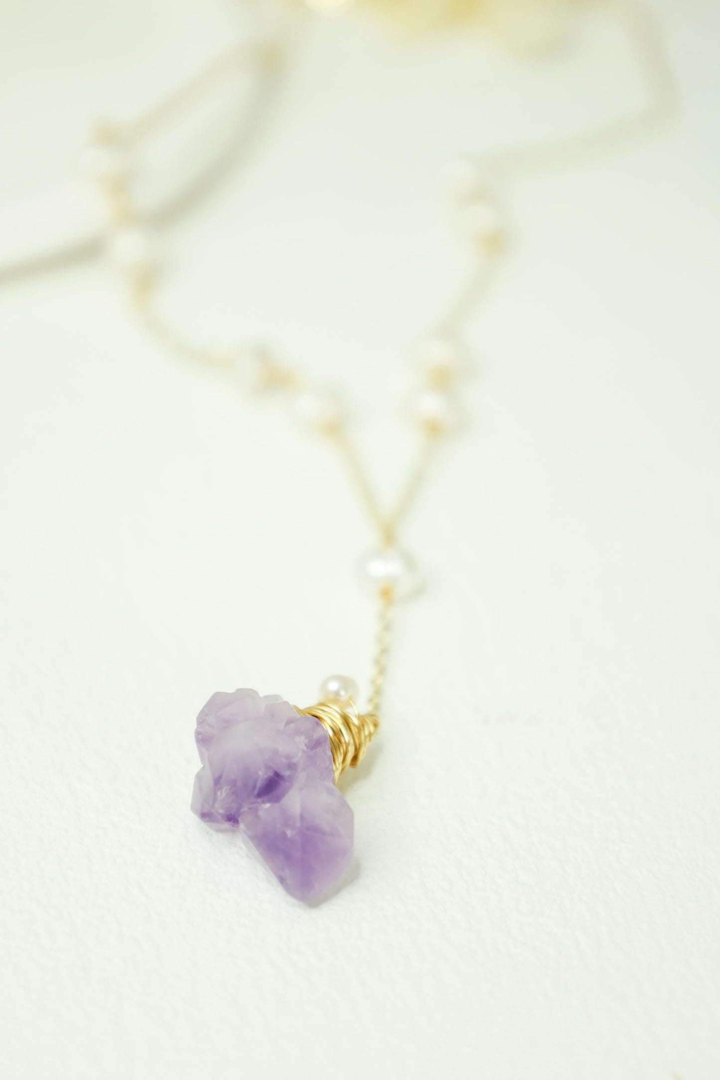 Raw Amethyst & Pearl Wire Wrapped Necklace