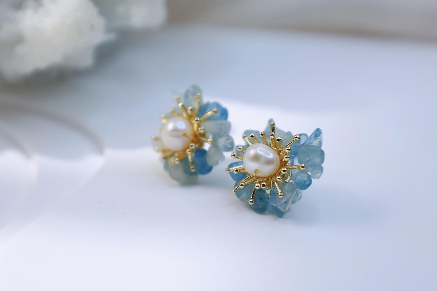 Aquamarine & Pearl Miniature Flower Studs