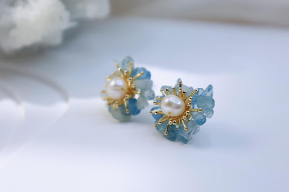 Aquamarine & Pearl Miniature Flower Studs