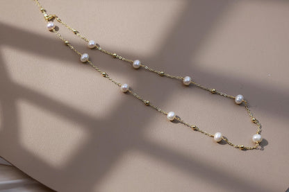 Floating Pearl Station Minimalist Necklace - Crafted with Brass