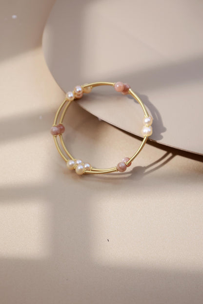Moonstone & Pearl Layered Flexible Bangle