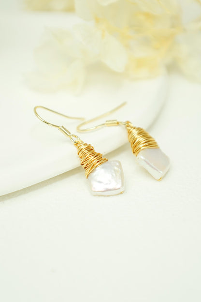 Square Keshi Pearl Gold Wire Dangles