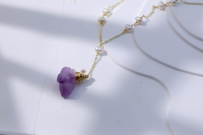 Raw Amethyst & Pearl Y-Lariat Necklace