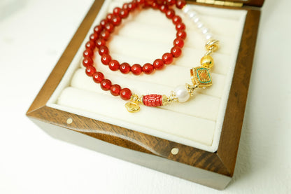 Red Agate & Pearl Buddha Bracelet