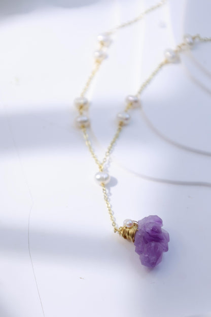 Raw Amethyst & Pearl Y-Lariat Necklace