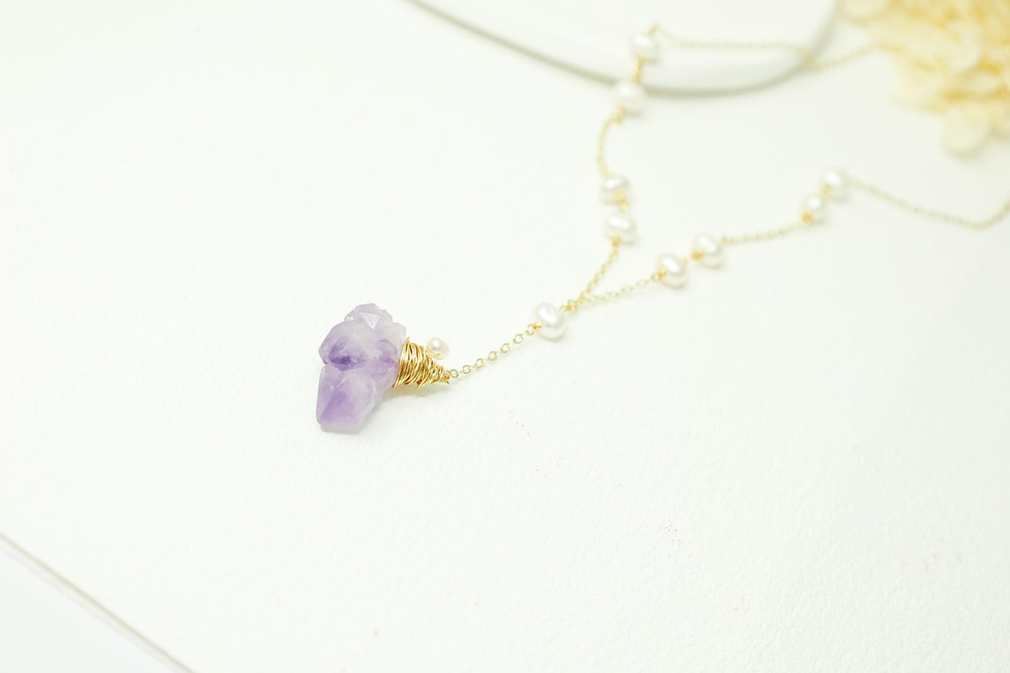 Raw Amethyst & Pearl Wire Wrapped Necklace