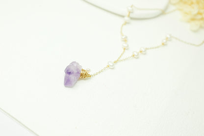 Raw Amethyst & Pearl Wire Wrapped Necklace