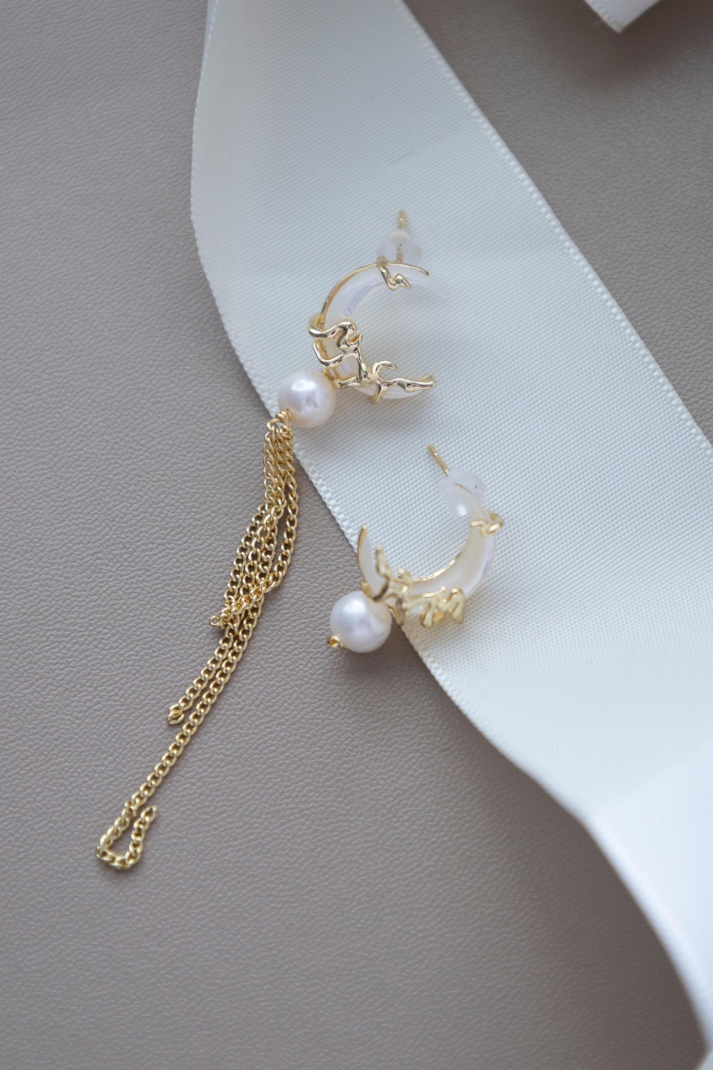 Asymmetrical Pearl & Shell Moon Dangles