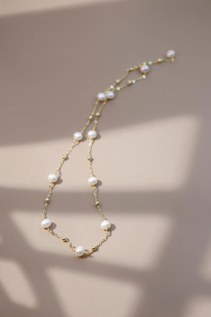 Floating Pearl Station Minimalist Necklace - Crafted with Brass