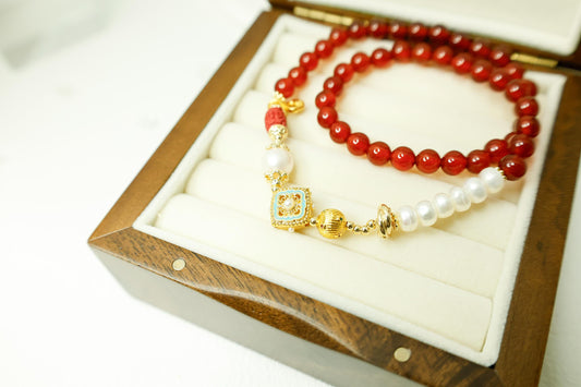 Red Agate & Pearl Buddha Bracelet