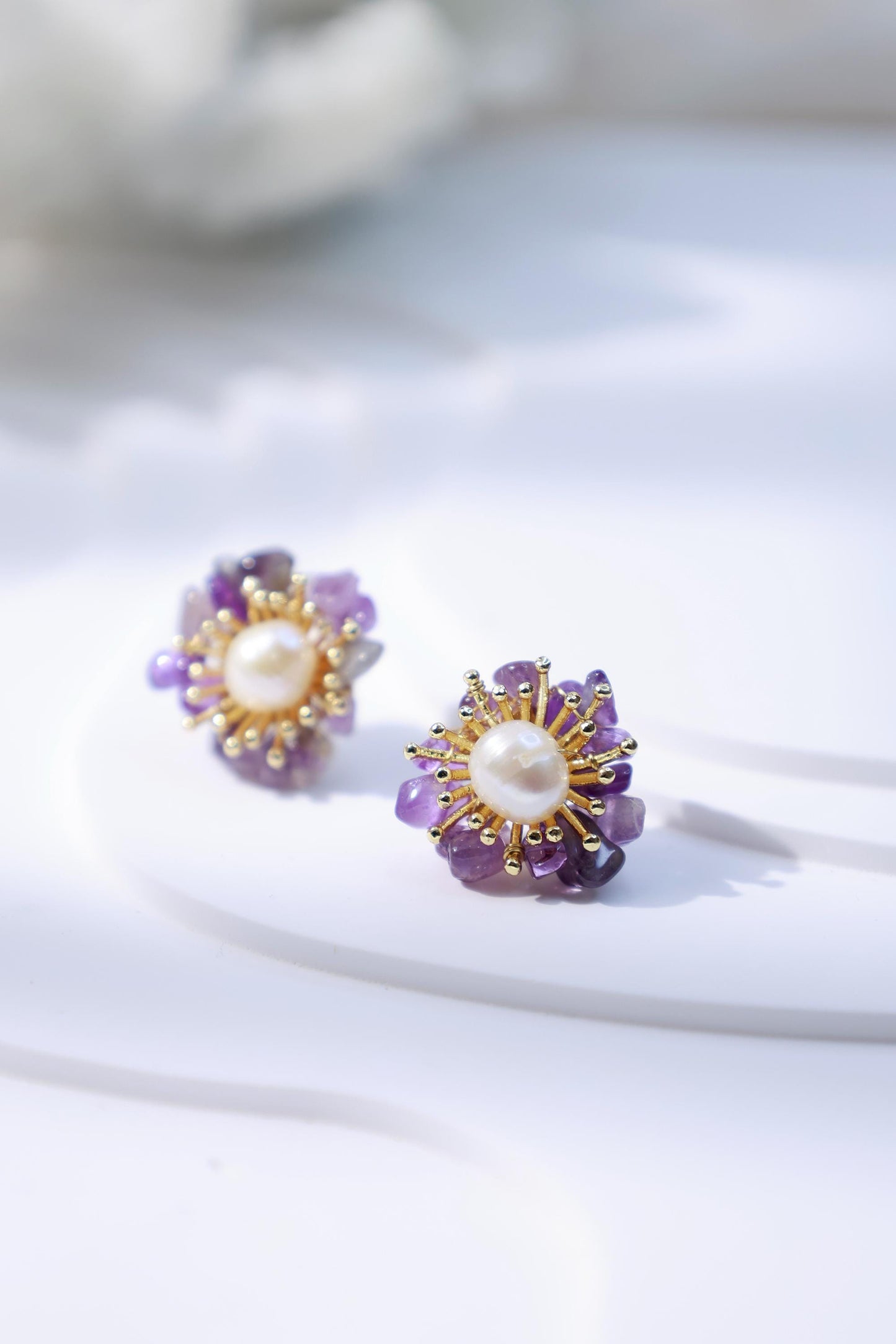 Amethyst & Pearl Miniature Flower Studs