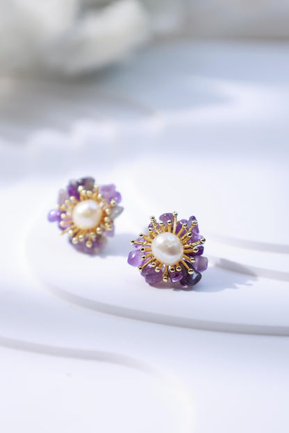 Amethyst & Pearl Miniature Flower Studs