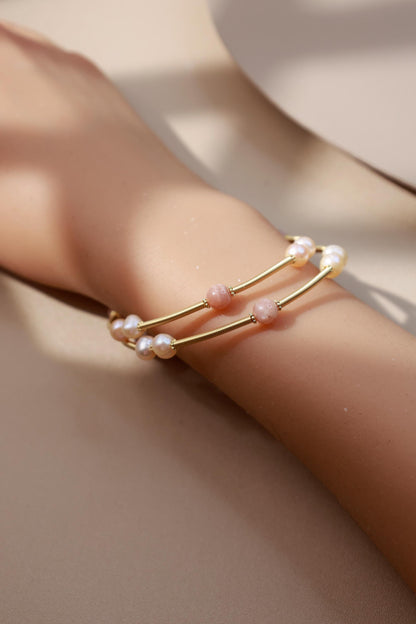 Moonstone & Pearl Layered Flexible Bangle