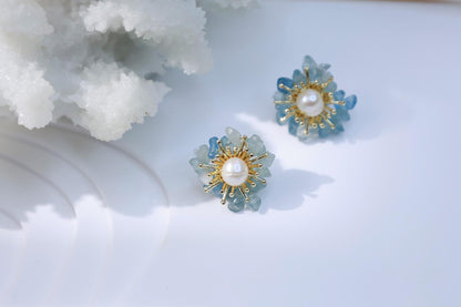 Aquamarine & Pearl Miniature Flower Studs