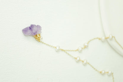 Raw Amethyst & Pearl Wire Wrapped Necklace