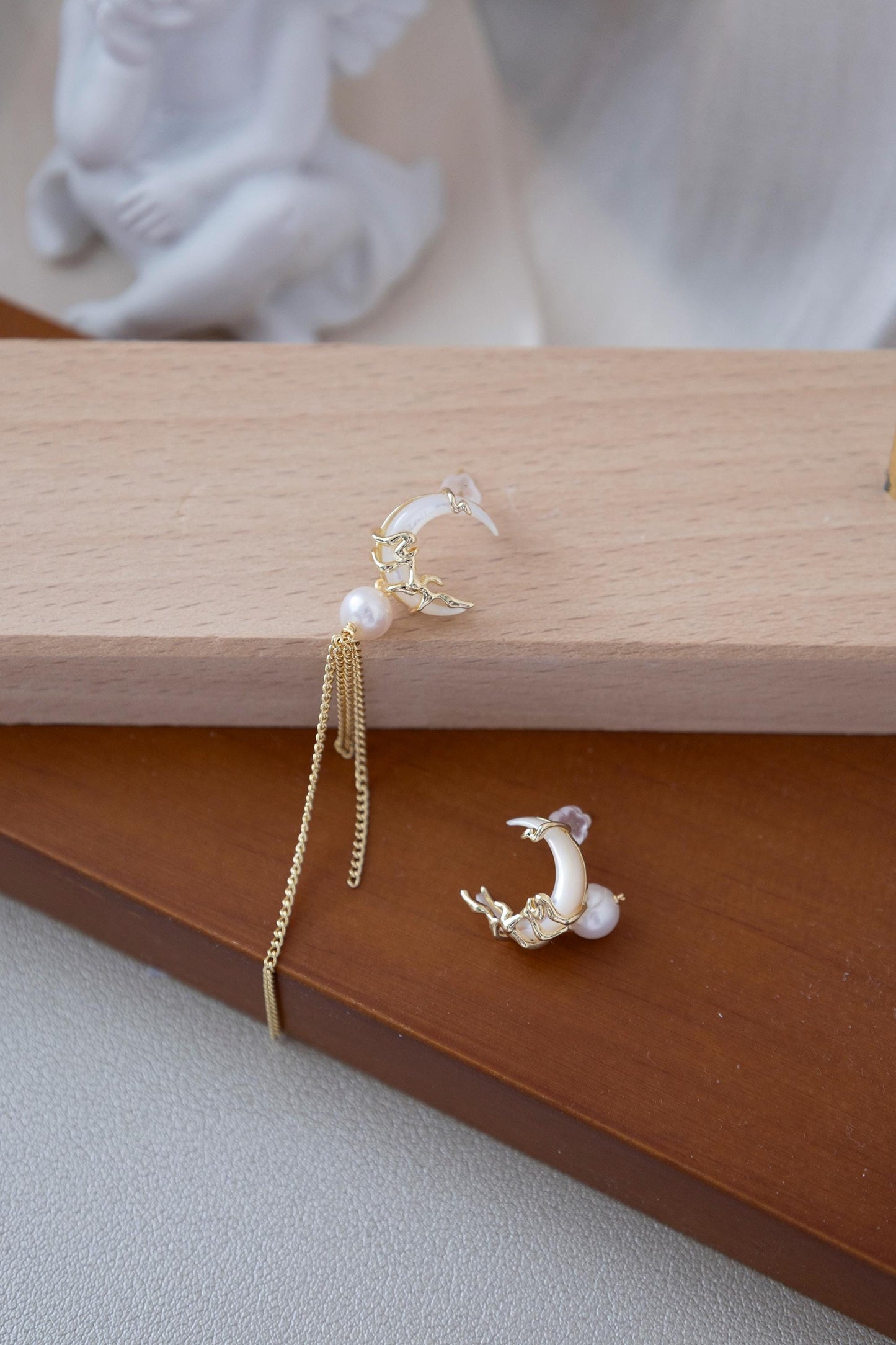 Asymmetrical Pearl & Shell Moon Dangles