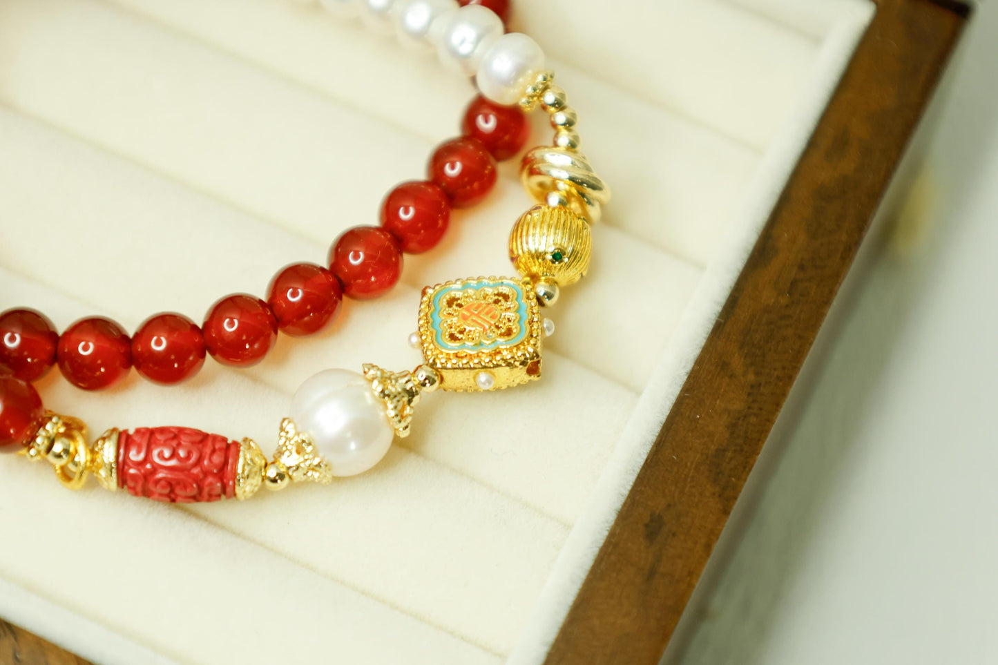 Red Agate & Pearl Buddha Bracelet