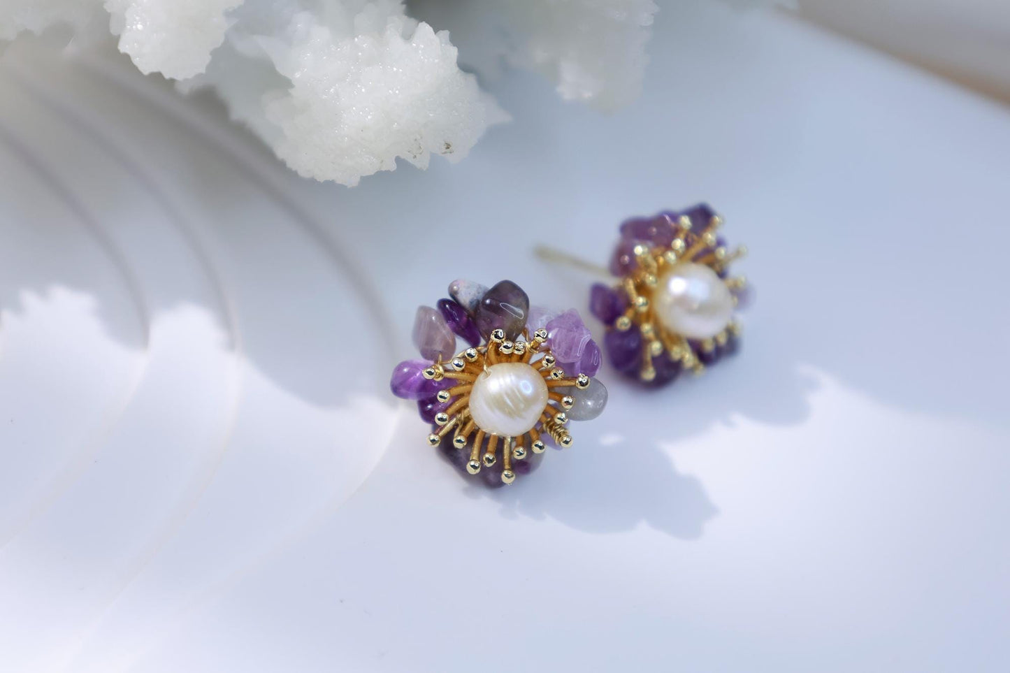 Amethyst & Pearl Miniature Flower Studs