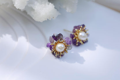 Amethyst & Pearl Miniature Flower Studs