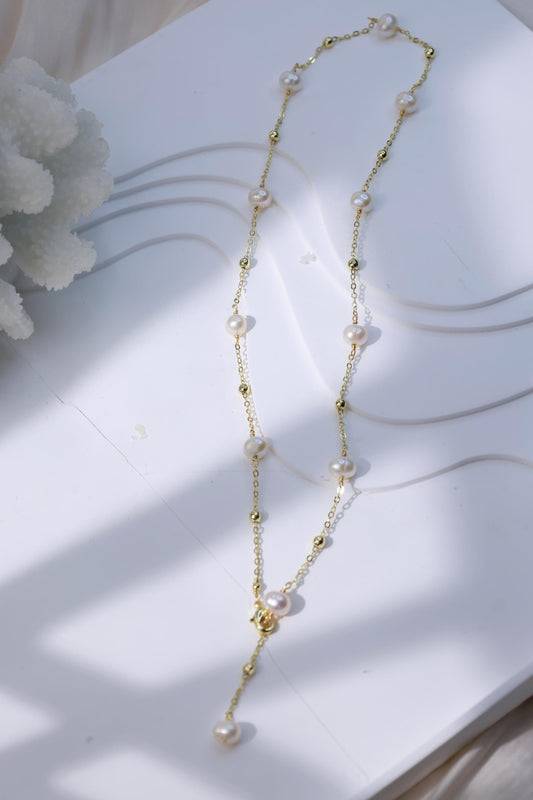 Floating Pearl Station Minimalist Necklace - Crafted with Brass