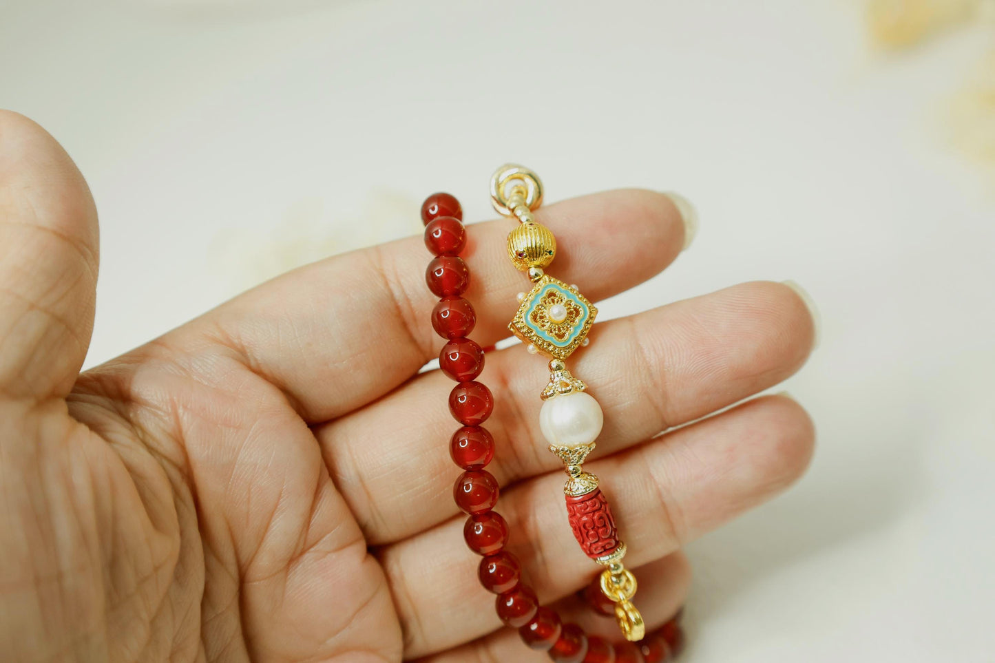 Red Agate & Pearl Buddha Bracelet