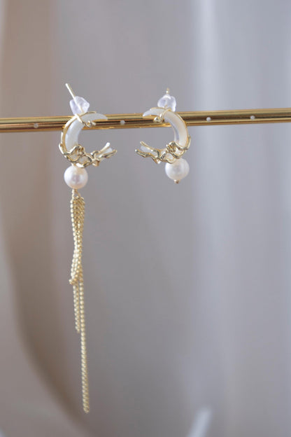 Asymmetrical Pearl & Shell Moon Dangles
