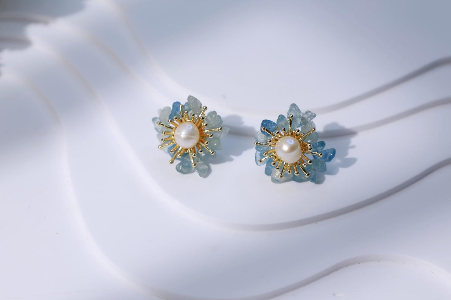 Aquamarine & Pearl Miniature Flower Studs