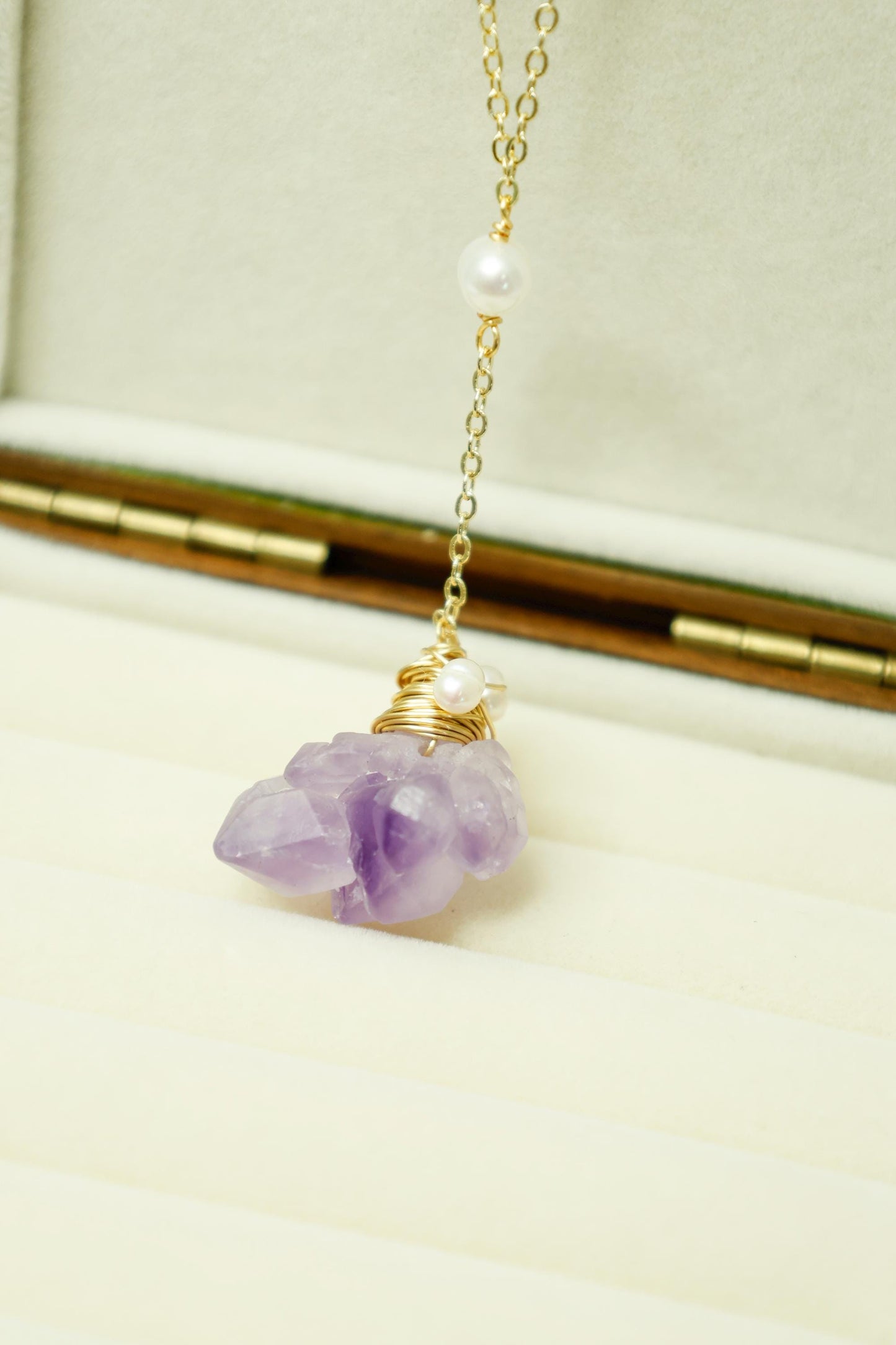 Raw Amethyst & Pearl Wire Wrapped Necklace