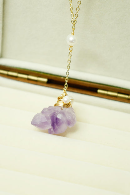 Raw Amethyst & Pearl Wire Wrapped Necklace