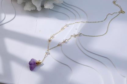 Raw Amethyst & Pearl Y-Lariat Necklace
