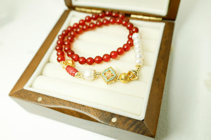 Red Agate & Pearl Buddha Bracelet