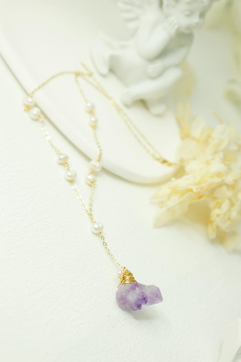 Raw Amethyst & Pearl Wire Wrapped Necklace