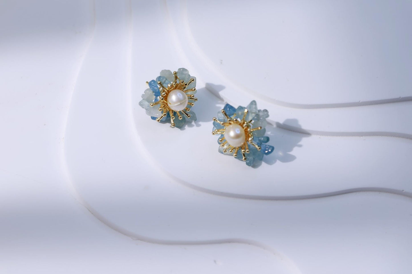 Aquamarine & Pearl Miniature Flower Studs