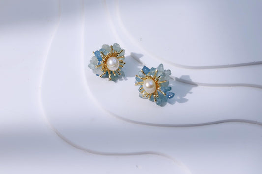 Aquamarine & Pearl Miniature Flower Studs