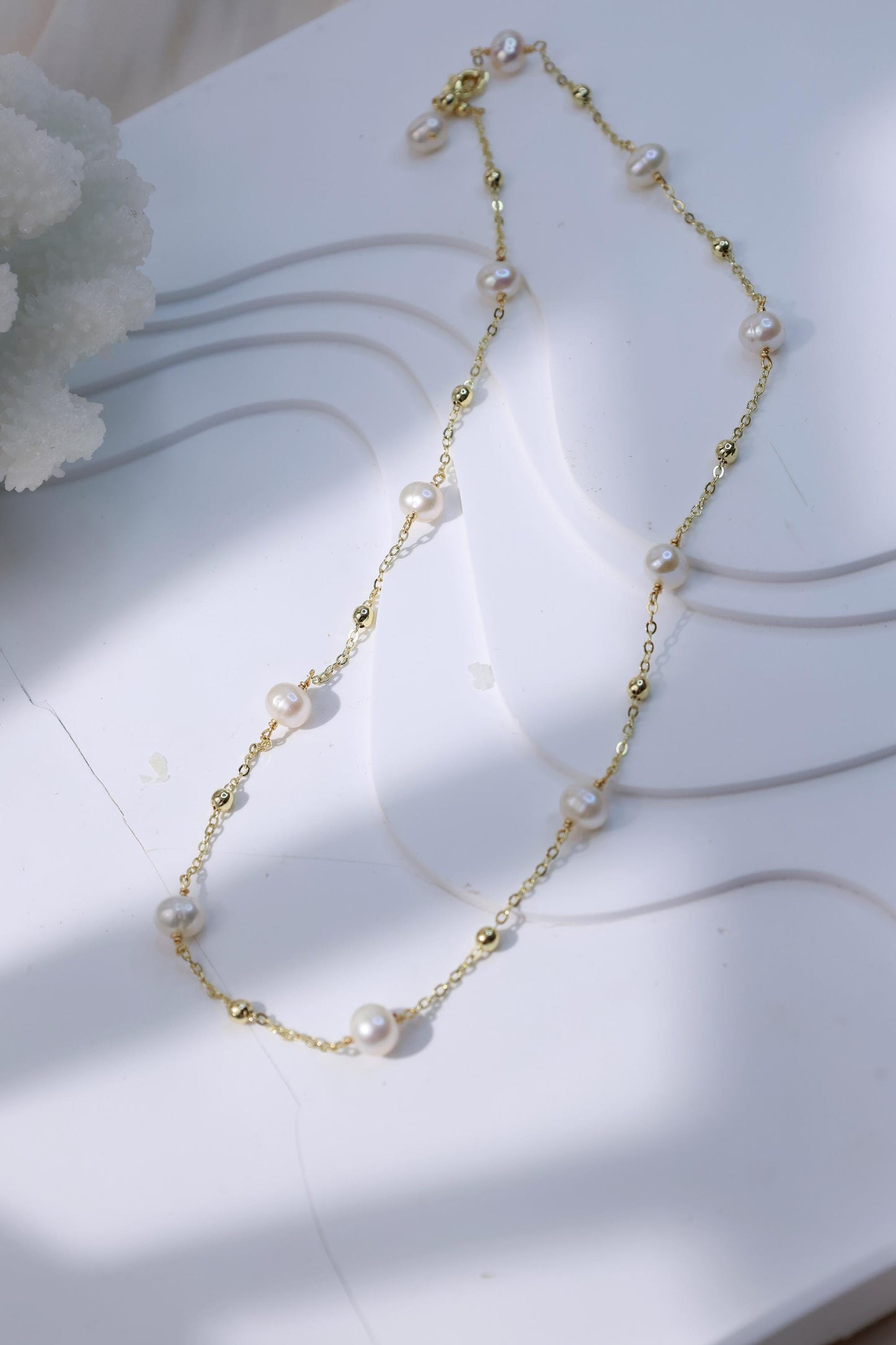 Floating Pearl Station Minimalist Necklace - Crafted with Brass