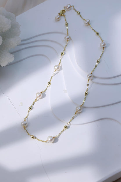 Floating Pearl Station Minimalist Necklace - Crafted with Brass