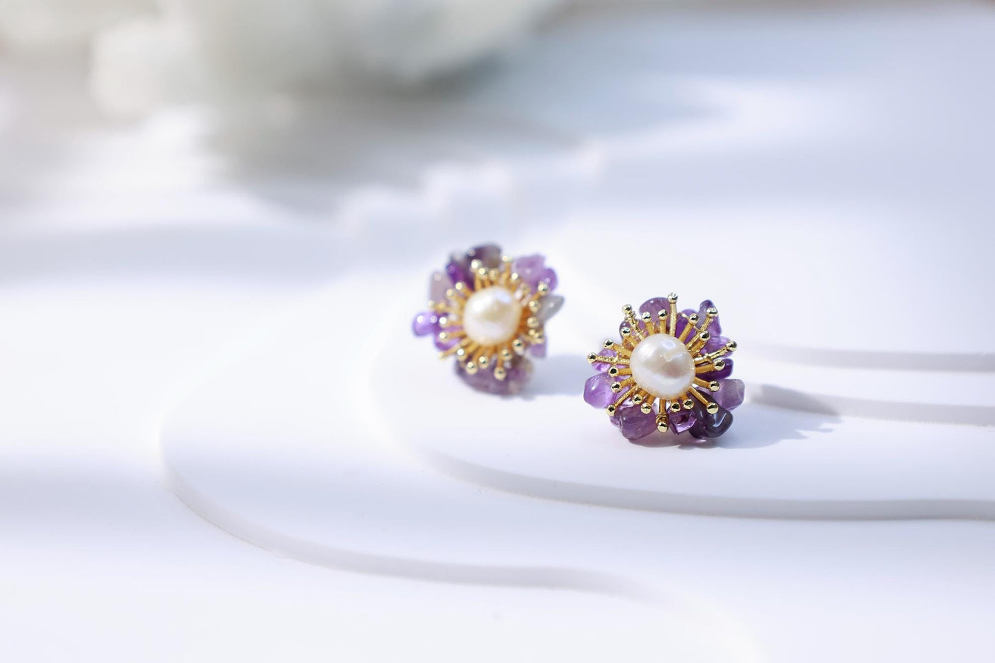 Amethyst & Pearl Miniature Flower Studs