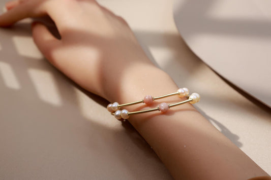 Moonstone & Pearl Layered Flexible Bangle