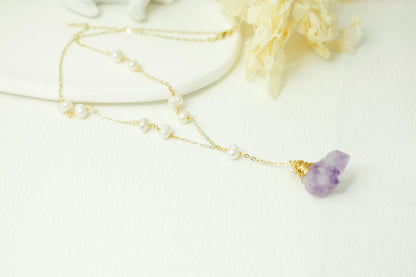 Raw Amethyst & Pearl Wire Wrapped Necklace