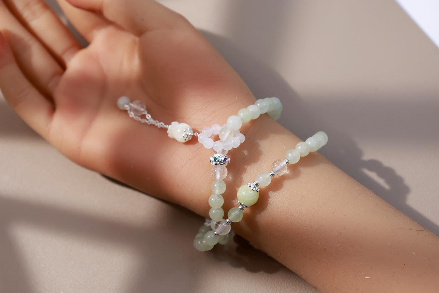 Buddhist Prayer Wheel Jade & Pearl Bracelet