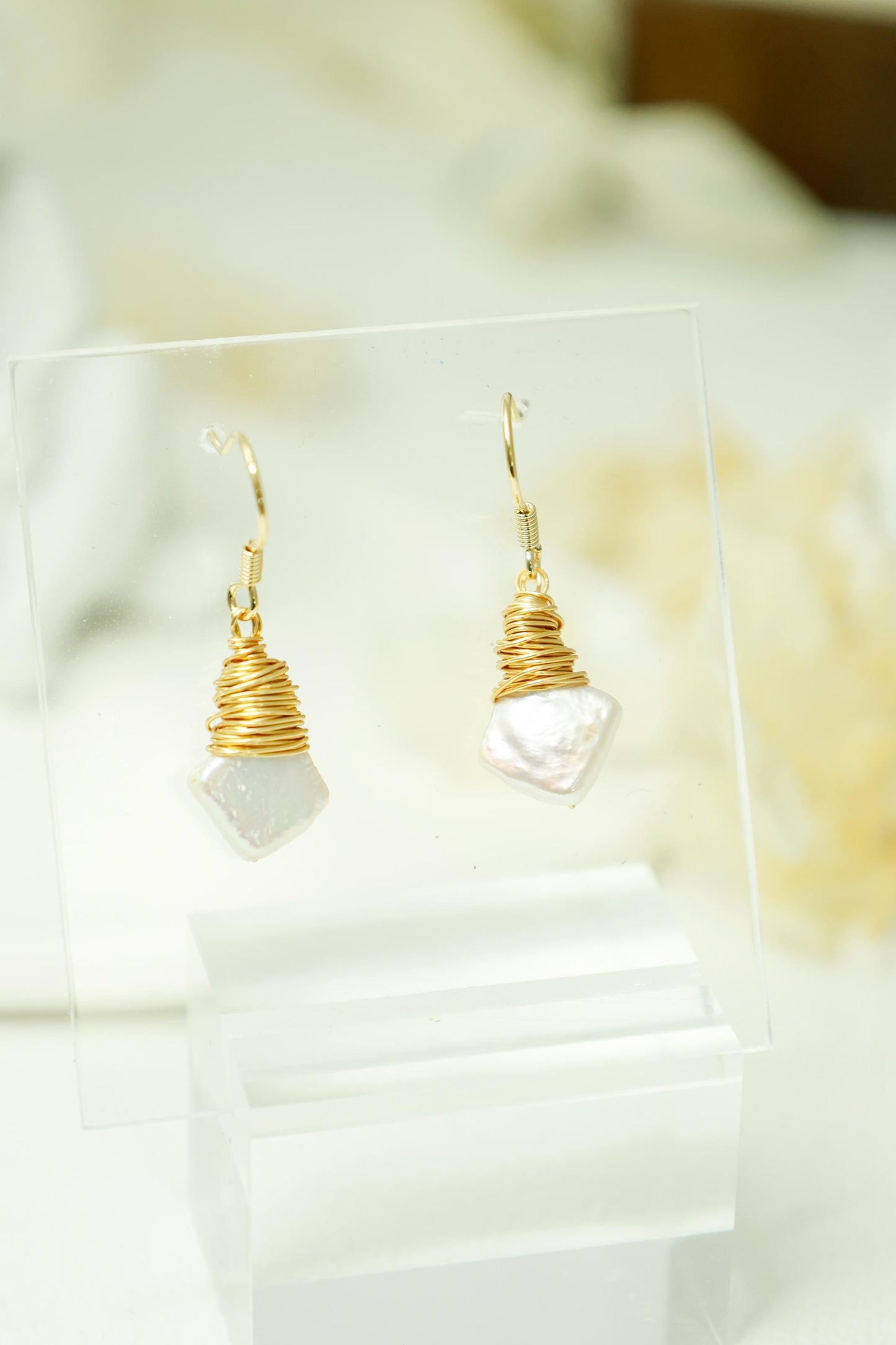Square Keshi Pearl Gold Wire Dangles