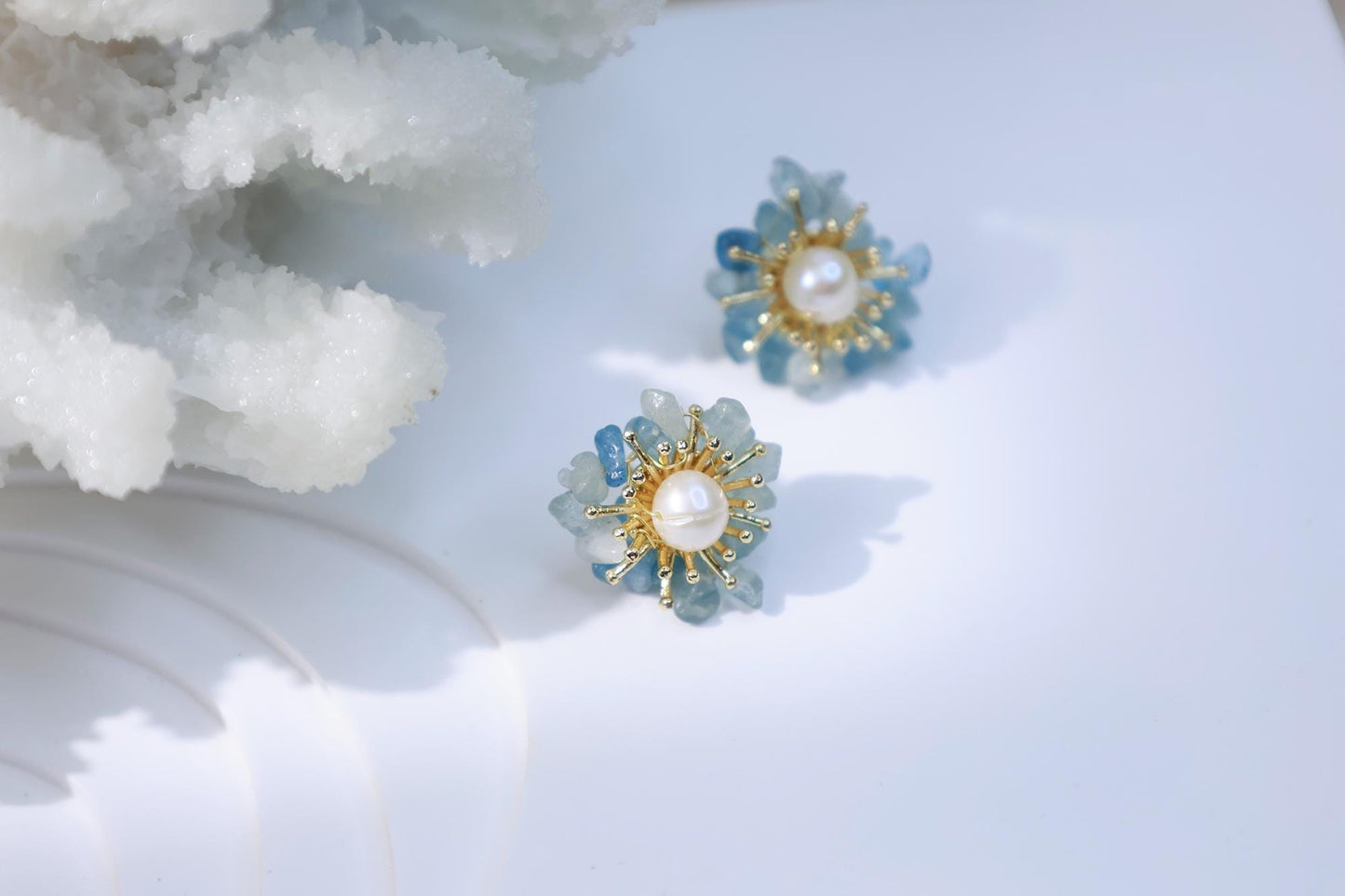 Aquamarine & Pearl Miniature Flower Studs
